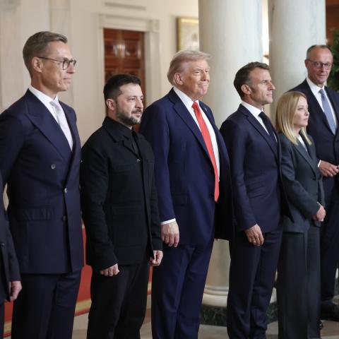 President Donald Trump and Ukrainian President Volodymyr Zelenskyy pose for a picture with European leaders following a meeting at the White House on August 18, 2025. (Win McNamee via Getty Images)