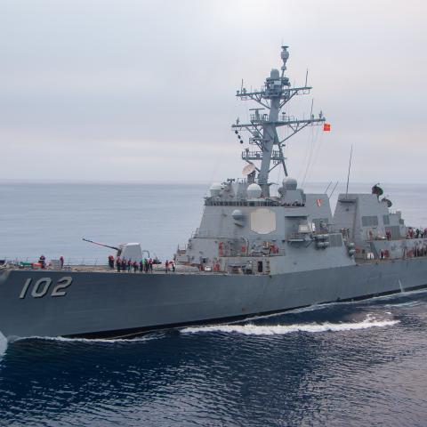 The USS Sampson steams alongside the USS Nimitz in the Pacific Ocean on October 5, 2024. (US Navy photo by)