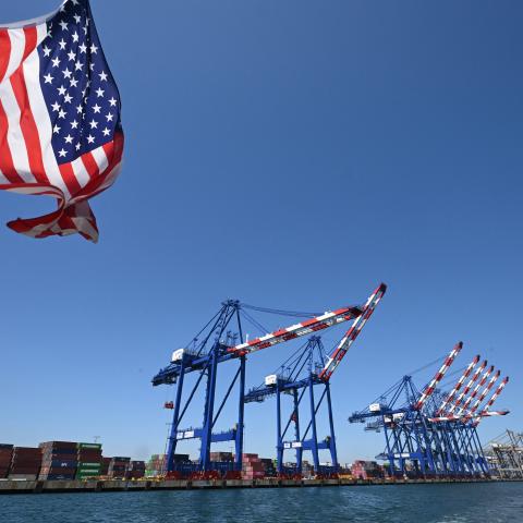 A US flag flies off the stern of a tour boat at the Port of Los Angele in California on July 31, 2025. (Getty Images)