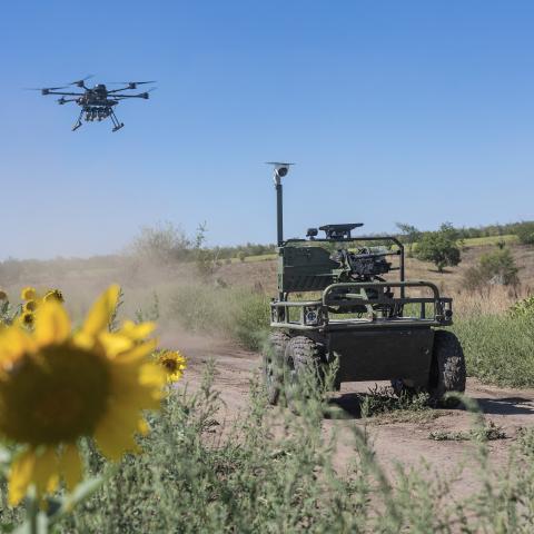 Ukrainian soldiers train with armed ground robots at an undisclosed location in Donetsk Oblast, Ukraine, on September 3, 2025. (Getty Images)