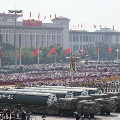China’s liquid-fueled intercontinental strategic nuclear missiles DongFeng-5C pass through Tiananmen Square during a military parade on September 3, 2025 in Beijing. (Getty Images)