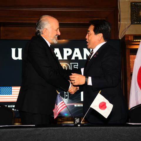 US Commerce Secretary Howard William Lutnick and Japanese Minister for Economic Revitalization Ryosei Akazawa shake hands on on September 4, 2025, in Washington, DC. (Getty Images)