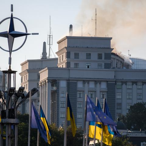 Smoke rises over the government headquarters in Kyiv following Russian drone and missile strikes on September 7, 2025. (Getty Images)