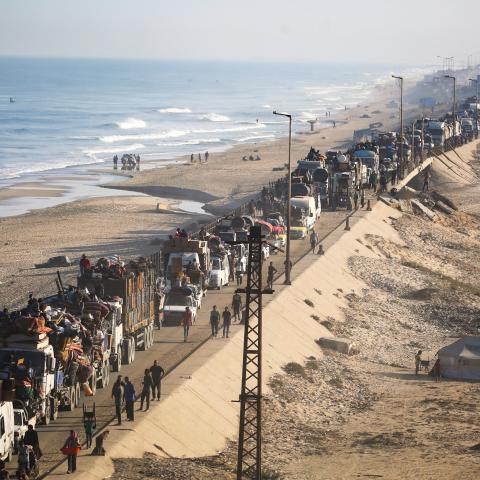 Displaced Palestinians move southward in the central Gaza Strip following renewed Israeli evacuation orders on September 18, 2025. (Getty Images)