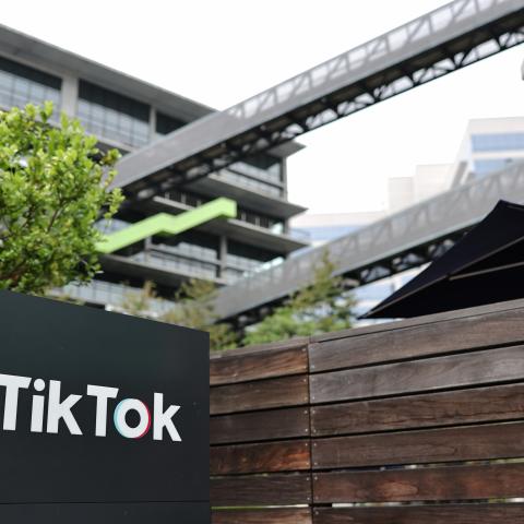 The TikTok logo is displayed at a TikTok office on September 25, 2025, in Culver City, California. (Mario Tama via Getty Images)