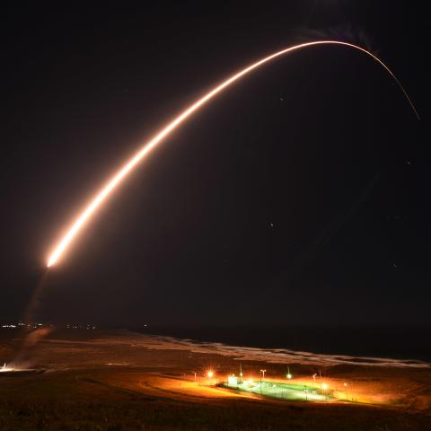 An Air Force Global Strike Command unarmed Minuteman III intercontinental ballistic missile launches during an operation test on February 23, 2021, at Vandenberg Air Force Base in California. (US Space Force)