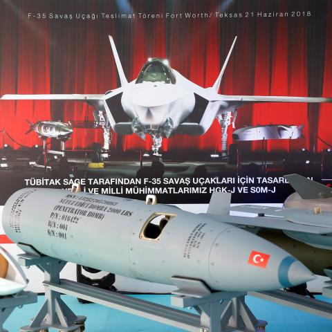National ammunitions designed for F-35 warplanes by TUBITAK Defense Industries Research and Development Institute are displayed during the inauguration ceremony for National Technology Development Infrastructures in Ankara, Turkey, on October 31, 2018. (Getty Images)