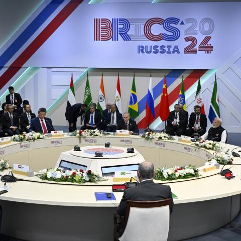 Leaders of BRICS countries attend the narrow format meeting of the BRICS summit in Kazan, Russia, on October 23, 2024. (Getty Images)