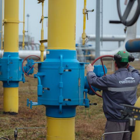 A worker carries out daily tasks at the Eustream gas facility on February 28, 2025 in Velke Kapusany, Slovakia. (Getty Images)