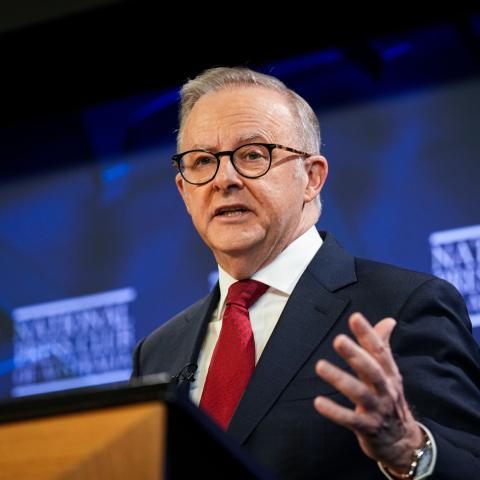 Caption Australian Prime Minister Anthony Albanese walks gives a speech at the National Press Club on April 30, 2025 in Canberra, Australia. (Getty Images) Share to Twitter