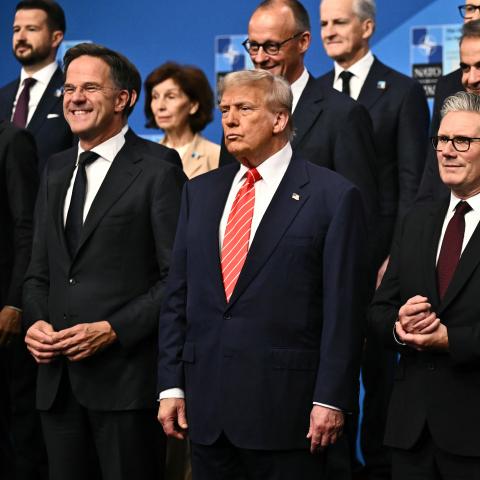 President Donald Trump, NATO Secretary General Mark Rutte, and leaders of other NATO countries pose for a photo during the NATO summit on June 25, 2025, in The Hague, Netherlands. (Getty Images)