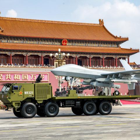 The airborne unmanned combat formation passes through Tian'anmen Square during the V-Day military parade on September 3, 2025 in Beijing, China. (VCG via Getty Images)