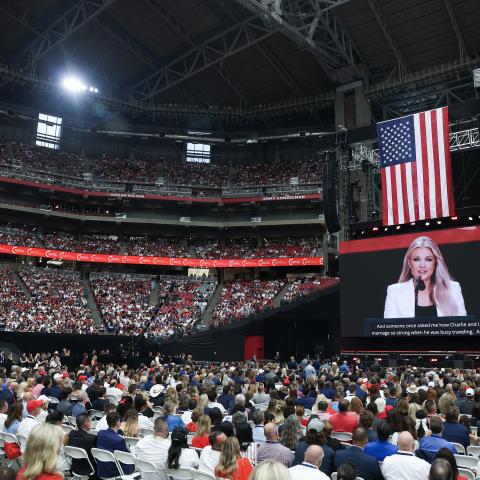 Erika Kirk speaks during the memorial service for her husband Charlie Kirk at State Farm Stadium on September 21, 2025, in Glendale, Arizona. (Getty Images)