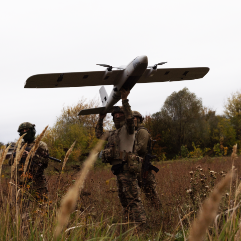 Ukrainian soldiers prepare a UAV for launch on September 24, 2025, in Kharkiv Oblast, Ukraine. (Getty Images)