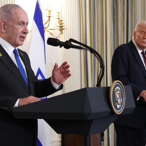President Donald Trump looks on as Israeli Prime Minister Benjamin Netanyahu delivers remarks during a joint news conference at the White House on September 29, 2025. (Getty Images)