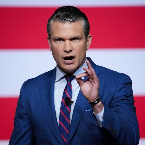 U.S. Secretary of War Pete Hegseth speaks to senior military leaders at Marine. (Getty Images)