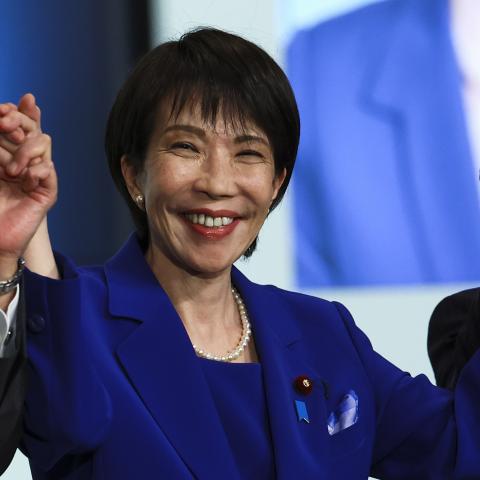 Newly-elected Liberal Democratic Party (LDP) leader Sanae Takaichi celebrates after winning the LDP leadership election on October 4, 2025, in Tokyo, Japan. (Getty Images)
