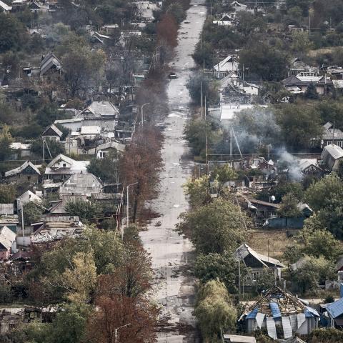Caption An aerial view shows the destroyed areas of Pokrovsk, Ukraine, following months of intense fighting near the front line, on October 7, 2025. (Getty Images) Share to Twitter
