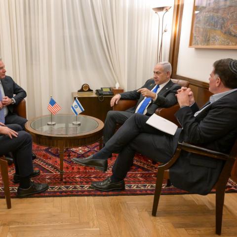  Israeli Prime Minister Benjamin Netanyahu (2nd R) meets with US President Donald Trump's Special Representative for the Middle East Steve Witkoff (2nd L) and Trump's son-in-law and former advisor Jared Kushner (L) in West Jerusalem on October 9, 2025. (Photo by Ma'ayan Toaf / GPO/Anadolu via Getty Images