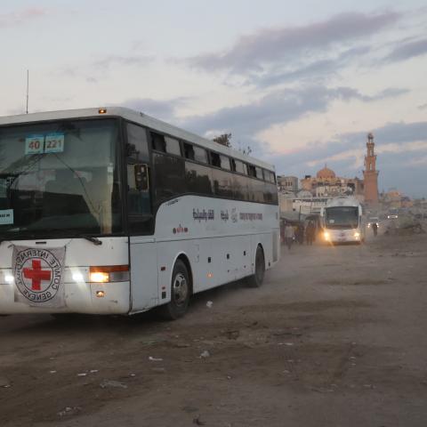 Buses with the International Red Cross emblem move toward the eastern Gaza Strip on October 13, 2025, ahead of the release of Israeli hostages held by Hamas since the October 7 attacks. (Getty Images)