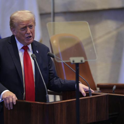 US President Donald Trump addresses the Knesset, Israel’s parliament, on October 13, 2025, in Jerusalem. (Getty Images)