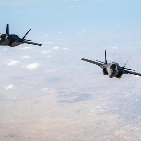 US Air Force F-35A Lightning IIs and Israeli Air Force F-35I Adirs fly in formation during exercise Enduring Lightning III over Israel on October 12, 2020. (US Air Force)