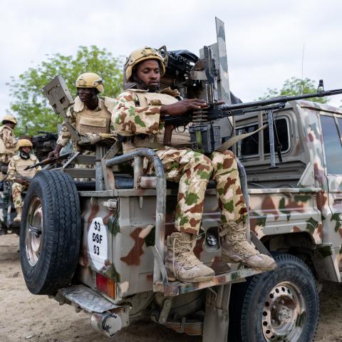 A Nigerian soldier loads his machine gun during training in Monguno, Nigeria, on July 5, 2025. (Getty Images)
