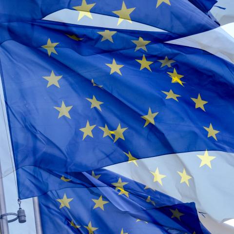 European Union flags are seen at the headquarters of the European Commission in Brussels on July 14, 2025. (Getty Images)