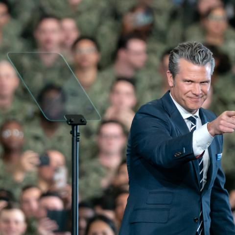 Secretary of War Pete Hegseth delivers a speech ahead of the arrival of President Donald Trump aboard USS George Washington on October 28, 2025, in Yokosuka, Japan. (Getty Images)
