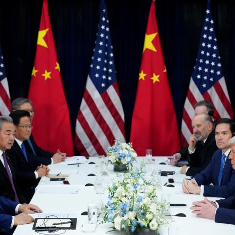 President Donald Trump speaks with Chinese President Xi Jinping during a bilateral meeting at Gimhae Air Base on October 30, 2025, in Busan, South Korea. (Getty Images)