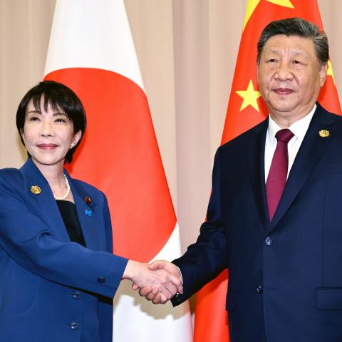 Japanese Prime Minister Sanae Takaichi and Chinese President Xi Jinping shake hands on October 31, 2025, in Gyeongju, South Korea. (Getty Images) Share to Twitter