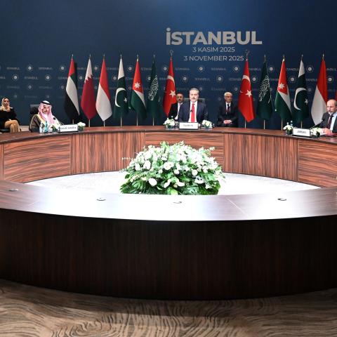 Foreign ministers from Qatar, Pakistan, Saudi Arabia, Turkey, Jordan, Indonesia, and the United Arab Emirates discuss the Gaza peace plan in Istanbul on November 3, 2025. (Getty Images)