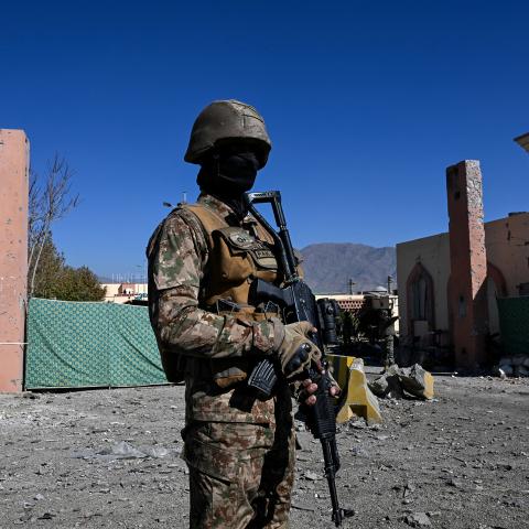 A Pakistani soldier stands guard on November 13, 2025. (Getty Images) 