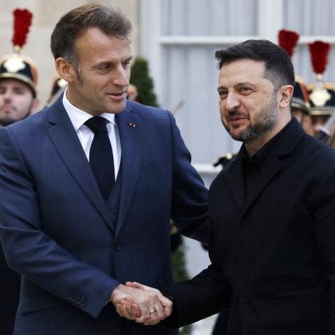 French President Emmanuel Macron welcomes Ukrainian President Volodymyr Zelensky on November 17, 2025, in Paris, France. (Getty Images)