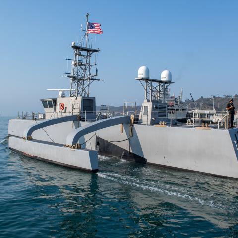 Seahawk, a medium uncrewed surface vessel prototype, departs Naval Base Point Loma, California, on August 6, 2025. (US Navy)