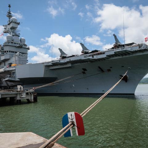 A rat guard painted in the tricolor of the French flag is seen as the French Navy’s nuclear-powered aircraft carrier Charles de Gaulle is docked in Indonesia on January 28, 2025. (Getty Images)
