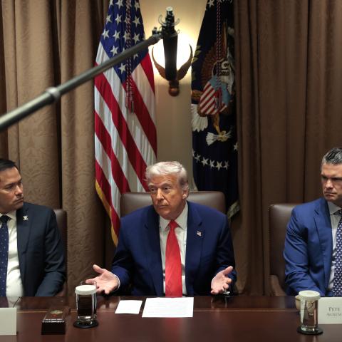 President Donald Trump delivers remarks alongside Secretary of State Marco Rubio and Secretary of Defense Pete Hegseth during a Cabinet meeting at the White House on April 10, 2025 (Getty Images)
