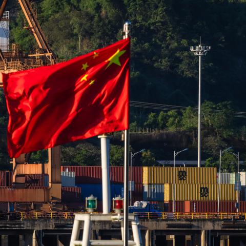 The national flag of China waves in the wind at a container terminal on the Yangtze River on August 12, 2025, in Chongqing, China. (Getty Images)