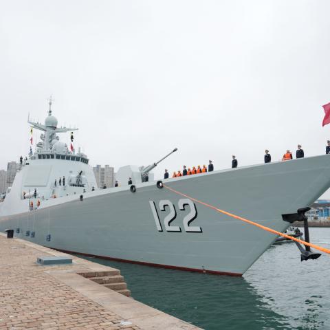 Guided-missile destroyer Tangshan sets sail at a port in Qingdao, China, on October 11, 2025. (Getty Images)