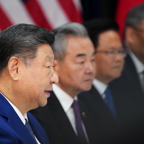 Chinese President Xi Jinping Chinese Foreign Minister Wang Yi attend a meeting with President Donald Trump at Gimhae Air Base on October 30, 2025, in Busan, South Korea. (Getty Images)