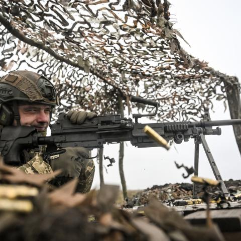A Ukrainian soldier practices using a machine gun during shooting and tactical drills in Ukraine on November 10, 2025. (Getty Images)