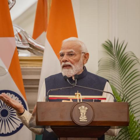 ndia's Prime Minister Narendra Modi speaks during a presentation at Hyderabad House on December 05, 2025, in New Delhi, India. (Getty Images) Share to Twitter