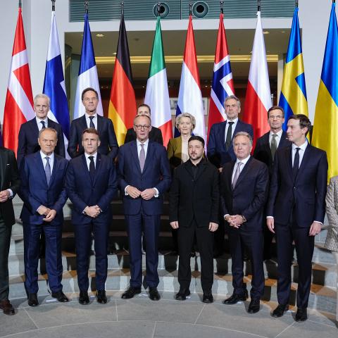 European Leaders, NATO Secretary General Mark Rutte, and Ukrainian President Volodymyr Zelenskyy pose for a family photo on December 15, 2025, at the Chancellery in Berlin, Germany. (Getty Images) Share to Twitter