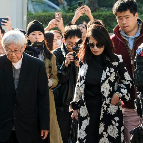 Jimmy Lai's wife, Teresa Lai, his son, and Cardinal Joseph Zen Ze-Kiun attend Jimmy Lai's trial on December 15, 2025, in Hong Kong. (Getty Images)