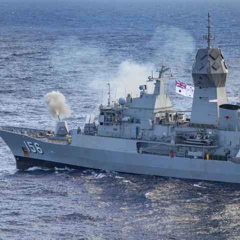HMAS Toowoomba conducts a live fire gunnery serial while sailing through the Western Australian Exercise Area in March 2025. (Australian Department of Defense)