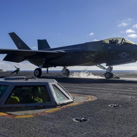 An F-35C Lightning II launches from the flight deck of the USS Abraham Lincoln on October 2, 2025, in the Pacific Ocean. (US Navy)