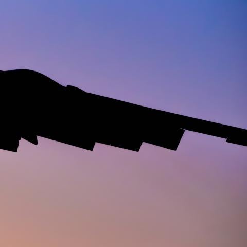 A U.S. Air Force B-2 Spirit aircraft departs Whiteman Air Force Base, Missouri, Oct. 2, 2025. The B-2 is capable of penetrating heavily defended air spaces and delivering conventional and nuclear munitions anywhere on the globe. (U.S. Air Force photo by Staff Sgt. Joshua Hastings)