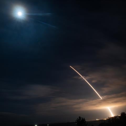 An unarmed Minuteman III Intercontinental Ballistic Missile launches during an operational test at 01:35 a.m Pacific Time Nov. 5, 2025, at Vandenberg Space Force Base, Calif. ICBM systems require regular testing to verify system performance and identify any potential issues. Data gathered from Glory Trip 254 helps to identify and mitigate potential risks, ensuring the continued accuracy and reliability of the ICBM force. (U.S. Space Force photo by Tech. Sgt. Draeke Layman)