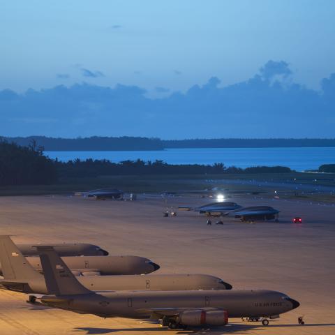 US Air Force B-2 Spirit stealth bombers and KC-135 Stratotanker aircraft are maintained on the flightline during a combat deployment at Diego Garcia in the Chagos Archipelago on April 16, 2025. (US Air Force)