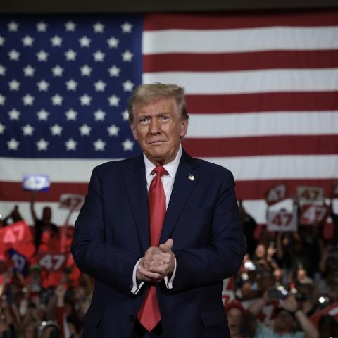 President Donald Trump arrives on stage during a town hall campaign event at the Lancaster County Convention Center on October 20, 2024, in Lancaster, Pennsylvania. (Getty Images)